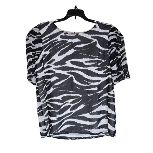 Calvin Klein Zebra Print Blouse Black & White Medium Short Sleeve Button Detail - Picture 1 of 8